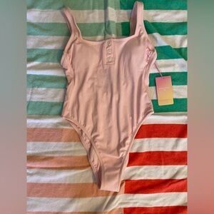Pink Ribbed Button-Up Swimsuit